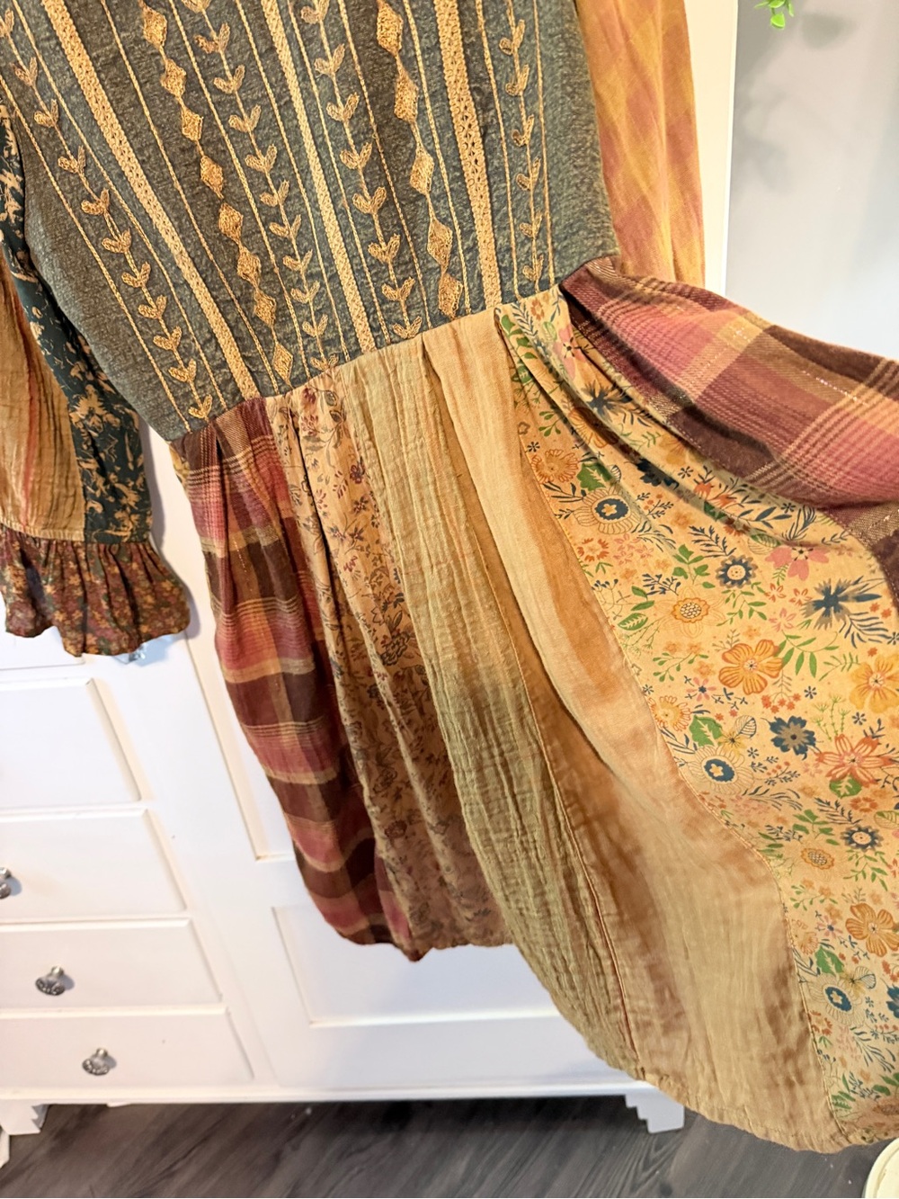 Boho Patchwork Casual Midi Dress in Mustard and Burgundy - Picture 4 of 14